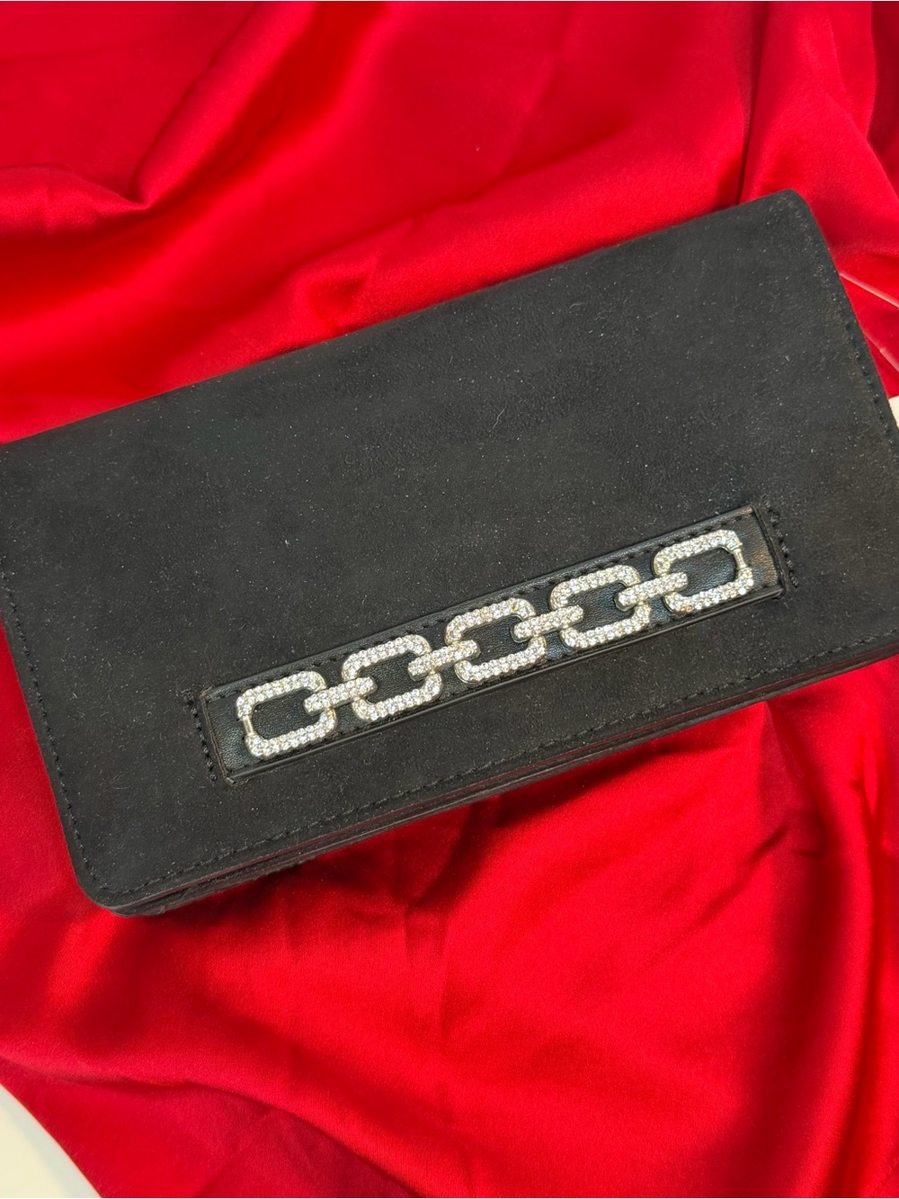 NWT ALDO Black Suede Rhinestone Chain Clutch Crossbody Evening Bag